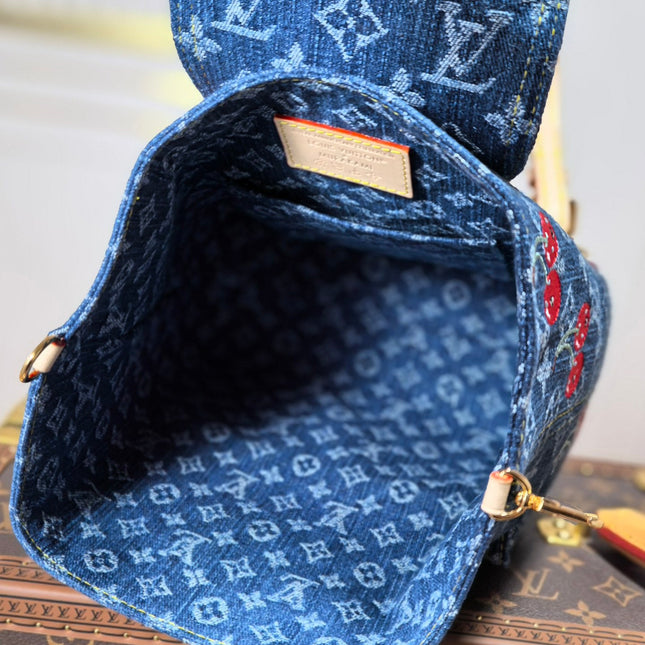 LV 25S VENICE BACKPACK 26 IN BLUE DENIM MONOGRAM CHERRY GOLD HARDWARE