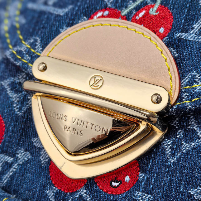 LV 25S VENICE BACKPACK 26 IN BLUE DENIM MONOGRAM CHERRY GOLD HARDWARE