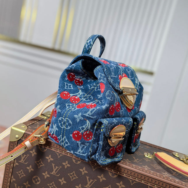 LV 25S VENICE BACKPACK 26 IN BLUE DENIM MONOGRAM CHERRY GOLD HARDWARE
