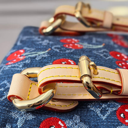 LV 25S VENICE BACKPACK 26 IN BLUE DENIM MONOGRAM CHERRY GOLD HARDWARE