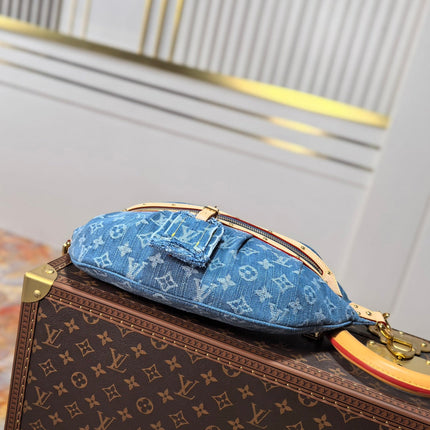 LV 25S BUMBAG 38 IN BLUE MONOGRAM DENIM LEATHER TRIM GOLD HARDWARE