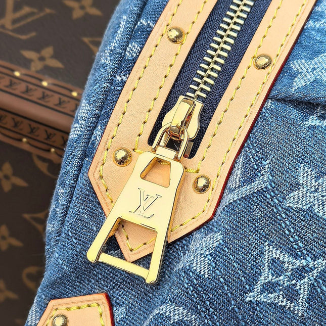 LV 25S BUMBAG 38 IN BLUE MONOGRAM DENIM LEATHER TRIM GOLD HARDWARE