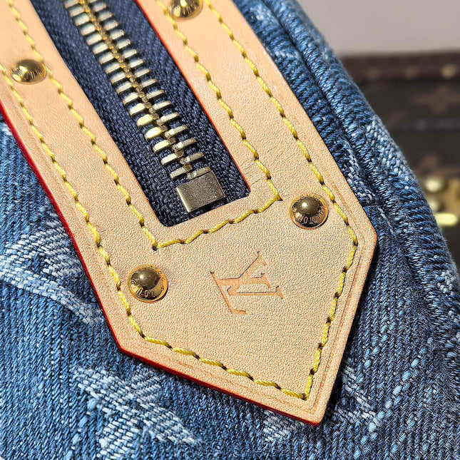 LV 25S BUMBAG 38 IN BLUE MONOGRAM DENIM LEATHER TRIM GOLD HARDWARE