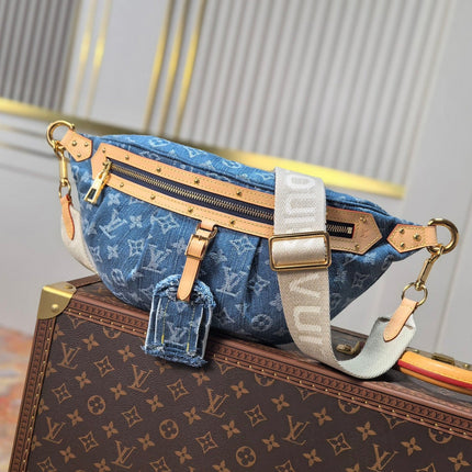 LV 25S BUMBAG 38 IN BLUE MONOGRAM DENIM LEATHER TRIM GOLD HARDWARE