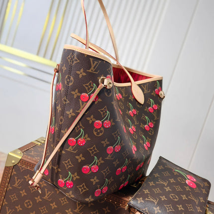 LV 25S NEVERFULL 31 IN DARK BROWN MONOGRAM CHERRY LEATHER TRIM GOLD HARDWARE