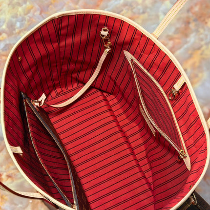 LV 25S NEVERFULL 31 IN DARK BROWN MONOGRAM CHERRY LEATHER TRIM GOLD HARDWARE