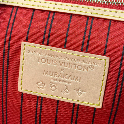 LV 25S NEVERFULL 31 IN DARK BROWN MONOGRAM CHERRY LEATHER TRIM GOLD HARDWARE