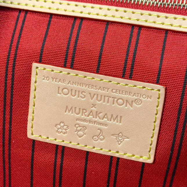 LV 25S NEVERFULL 31 IN DARK BROWN MONOGRAM CHERRY LEATHER TRIM GOLD HARDWARE