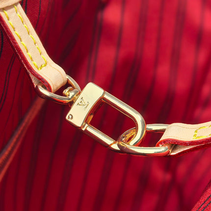 LV 25S NEVERFULL 31 IN DARK BROWN MONOGRAM CHERRY LEATHER TRIM GOLD HARDWARE