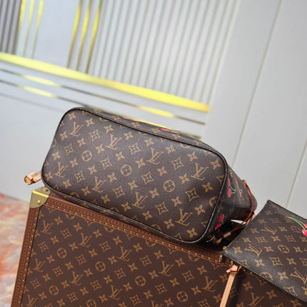LV 25S NEVERFULL 31 IN DARK BROWN MONOGRAM CHERRY LEATHER TRIM GOLD HARDWARE