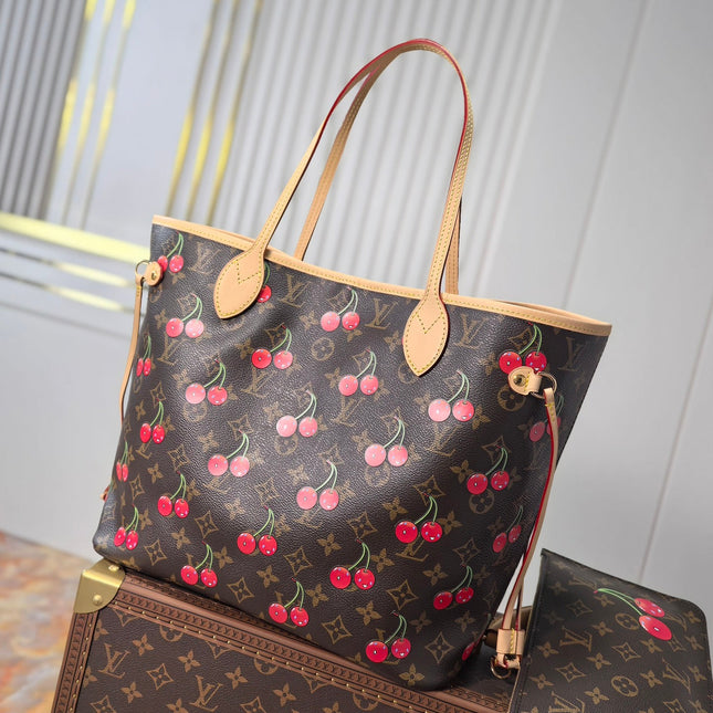 LV 25S NEVERFULL 31 IN DARK BROWN MONOGRAM CHERRY LEATHER TRIM GOLD HARDWARE