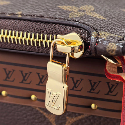 LV 25S NEVERFULL 31 IN DARK BROWN MONOGRAM CHERRY LEATHER TRIM GOLD HARDWARE