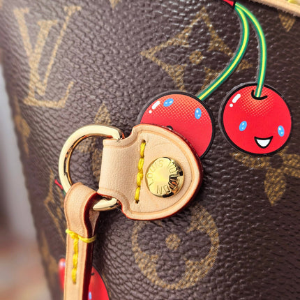 LV 25S NEVERFULL 31 IN DARK BROWN MONOGRAM CHERRY LEATHER TRIM GOLD HARDWARE