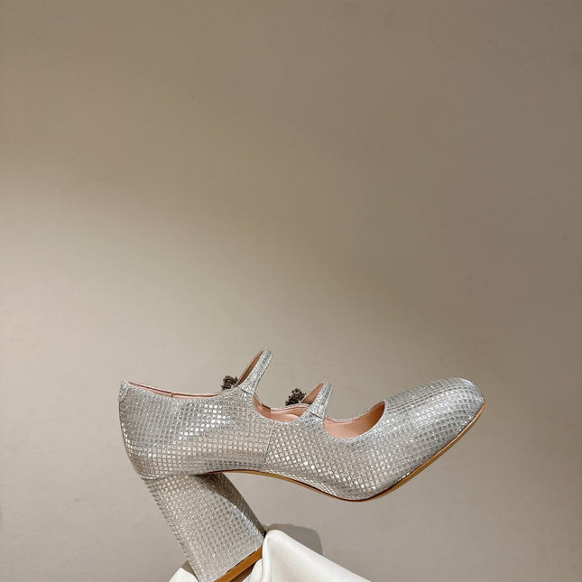 TRÈS VIVIER MARY JANE DOUBLE-STRAP PUMPS IN SILVER CALFSKIN FULLY EMBELLISHED CRYSTALS