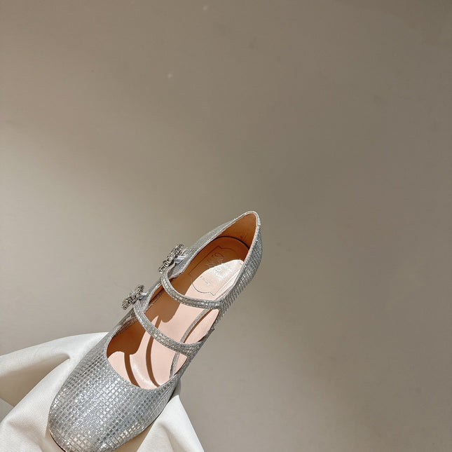 TRÈS VIVIER MARY JANE DOUBLE-STRAP PUMPS IN SILVER CALFSKIN FULLY EMBELLISHED CRYSTALS