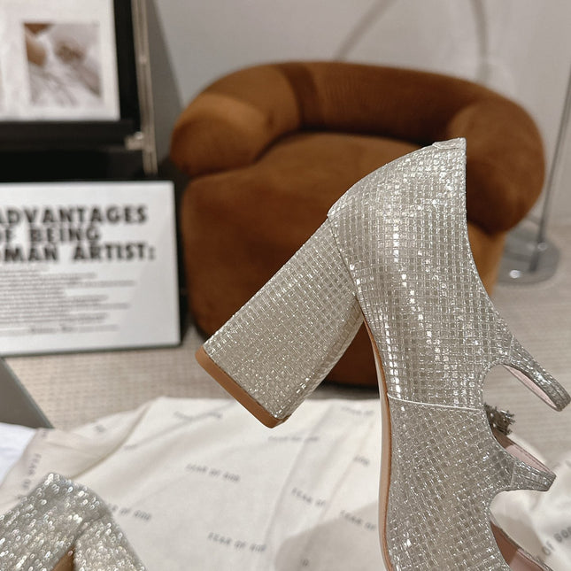 TRÈS VIVIER MARY JANE DOUBLE-STRAP PUMPS IN BEIGE CALFSKIN FULLY EMBELLISHED CRYSTALS