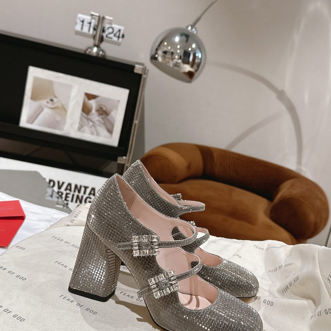 TRÈS VIVIER MARY JANE DOUBLE-STRAP PUMPS IN TAUPE CALFSKIN FULLY EMBELLISHED CRYSTALS