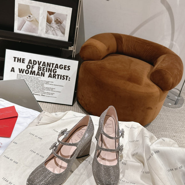 TRÈS VIVIER MARY JANE DOUBLE-STRAP PUMPS IN TAUPE CALFSKIN FULLY EMBELLISHED CRYSTALS