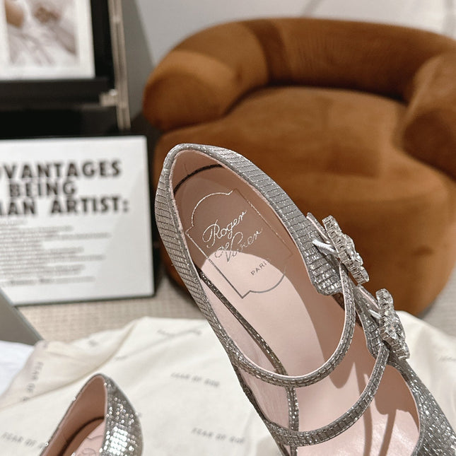 TRÈS VIVIER MARY JANE DOUBLE-STRAP PUMPS IN TAUPE CALFSKIN FULLY EMBELLISHED CRYSTALS