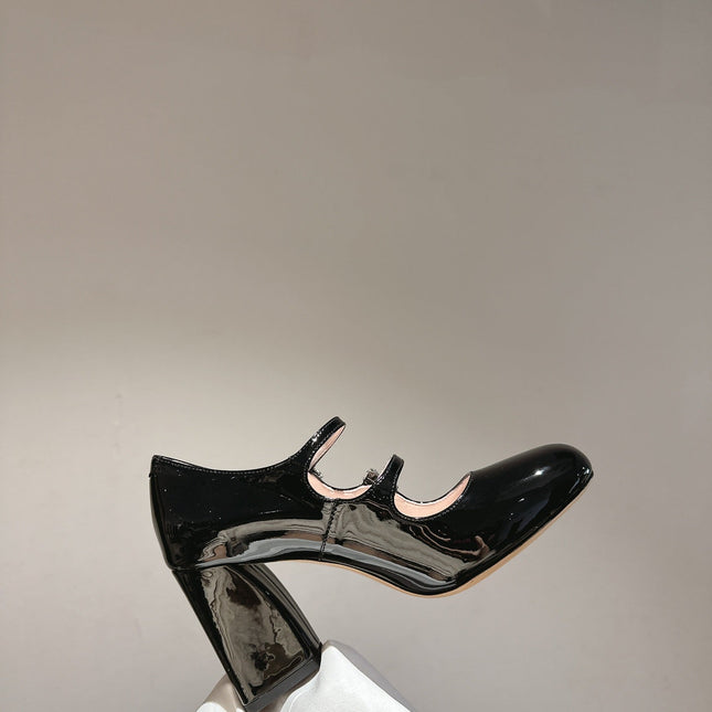 TRÈS VIVIER MARY JANE DOUBLE-STRAP PUMPS IN BLACK PATENT CALFSKIN