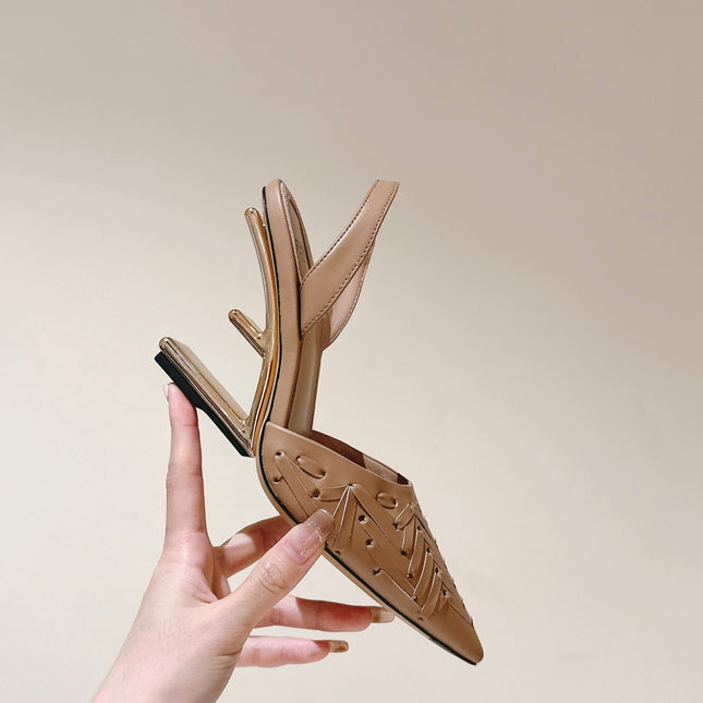 FENDI FIRST HIGH-HEELED SLINGBACK 85 MM IN TUSCAN TAN LAMBSKIN GOLD HARDWARE