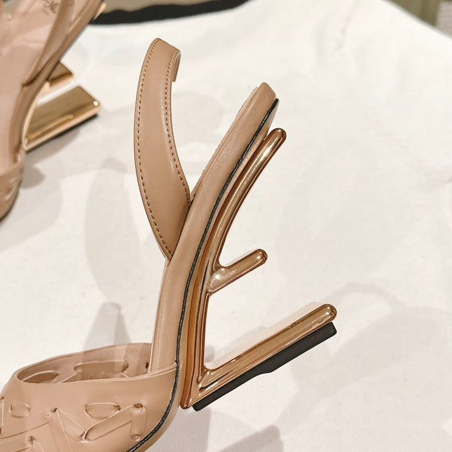 FENDI FIRST HIGH-HEELED SLINGBACK 85 MM IN TUSCAN TAN LAMBSKIN GOLD HARDWARE