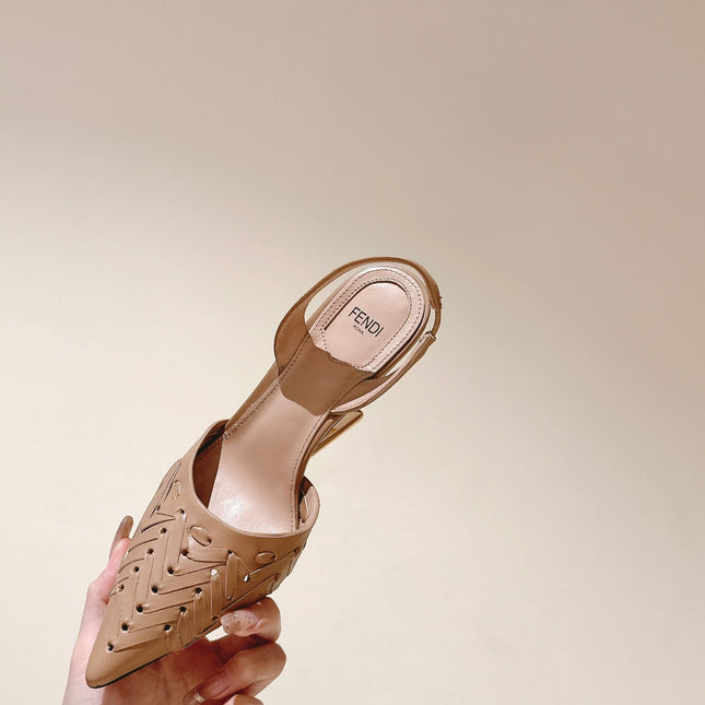 FENDI FIRST HIGH-HEELED SLINGBACK 85 MM IN TUSCAN TAN LAMBSKIN GOLD HARDWARE