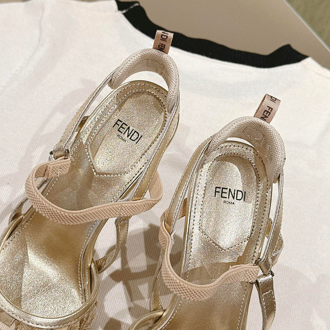 FENDI COLIBRÌ HIGH-HEELED SLINGBACKS 75MM IN LIGHT GOLD FABRIC