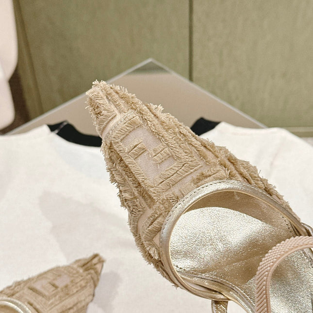 FENDI COLIBRÌ HIGH-HEELED SLINGBACKS 75MM IN LIGHT GOLD FABRIC