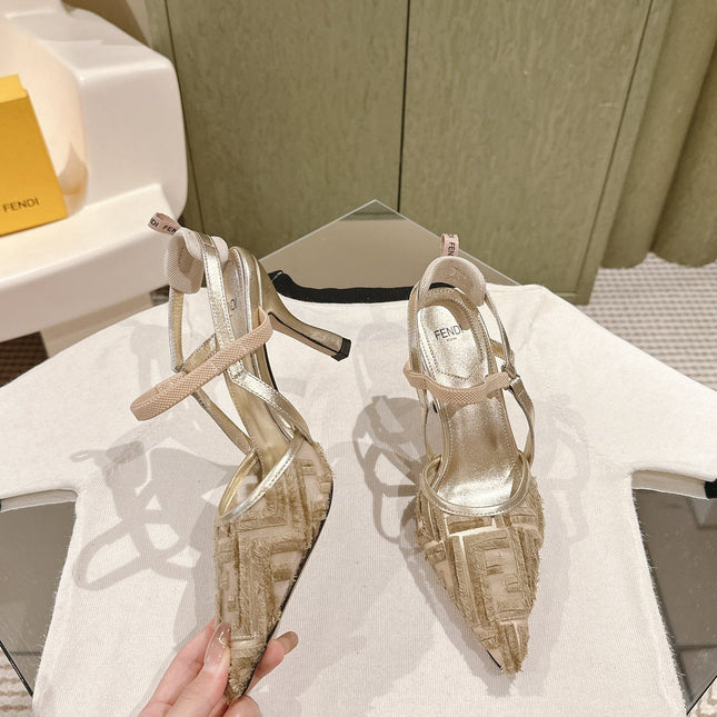 FENDI COLIBRÌ HIGH-HEELED SLINGBACKS 75MM IN LIGHT GOLD FABRIC