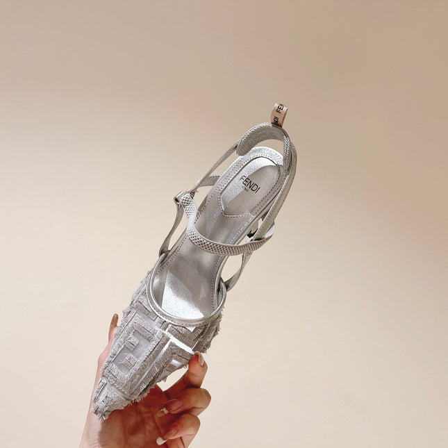 FENDI COLIBRÌ HIGH-HEELED SLINGBACKS 75MM IN LIGHT GREY FABRIC