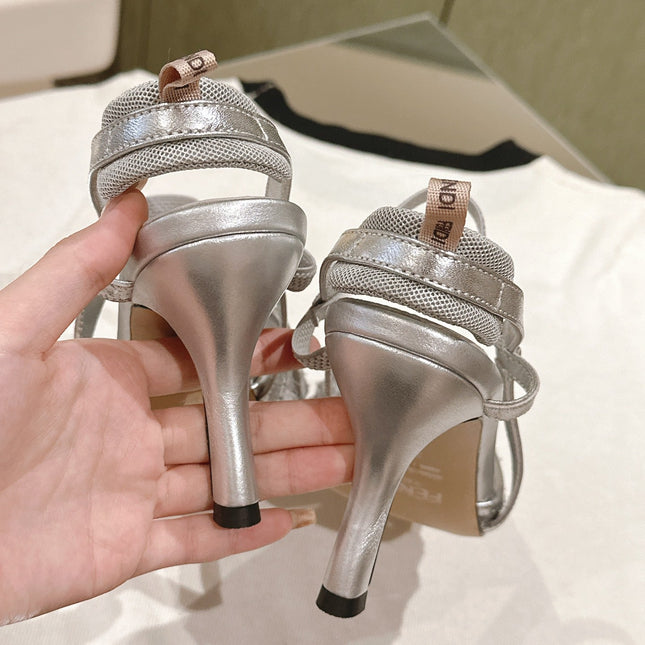 FENDI COLIBRÌ HIGH-HEELED SLINGBACKS 75MM IN LIGHT GREY FABRIC