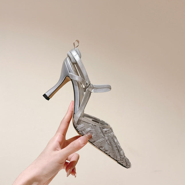 FENDI COLIBRÌ HIGH-HEELED SLINGBACKS 75MM IN LIGHT GREY FABRIC
