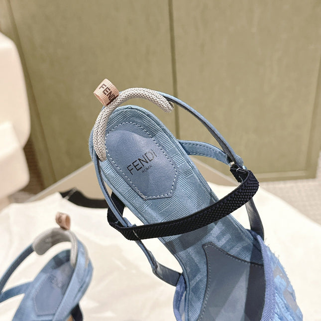 FENDI COLIBRÌ HIGH-HEELED SLINGBACKS 75MM IN SKY BLUE FABRIC
