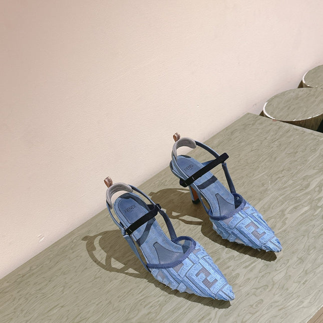 FENDI COLIBRÌ HIGH-HEELED SLINGBACKS 75MM IN SKY BLUE FABRIC