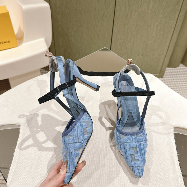 FENDI COLIBRÌ HIGH-HEELED SLINGBACKS 75MM IN SKY BLUE FABRIC