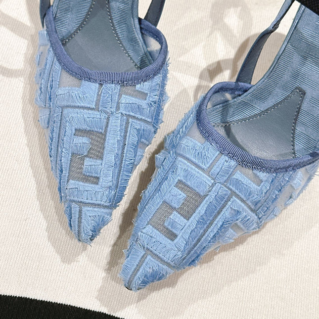FENDI COLIBRÌ HIGH-HEELED SLINGBACKS 75MM IN SKY BLUE FABRIC