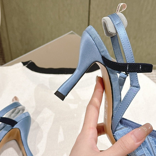 FENDI COLIBRÌ HIGH-HEELED SLINGBACKS 75MM IN SKY BLUE FABRIC