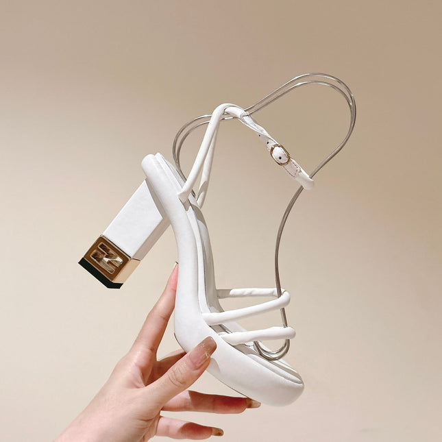 FENDI BAGUETTE HIGH HEELS 85MM IN WHITE LAMBSKIN WITH GOLD HARDWARE