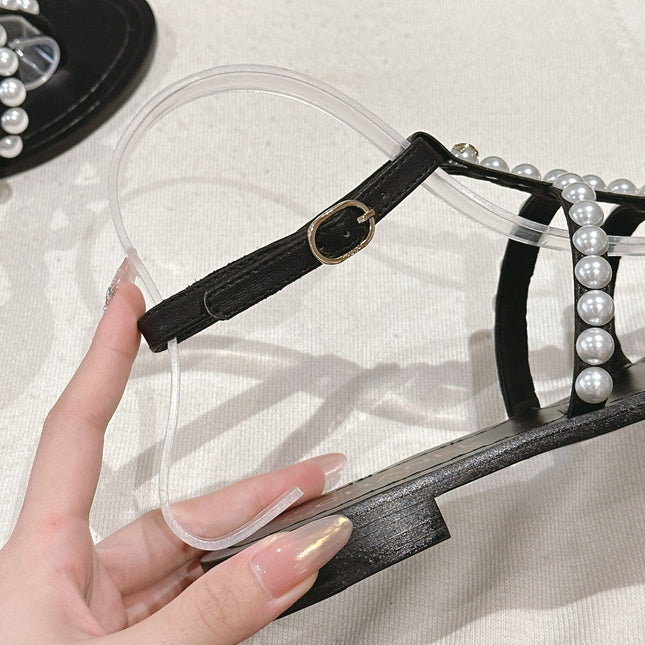 CC SANDALS PEARL ROMAN IN BLACK LAMBSKIN