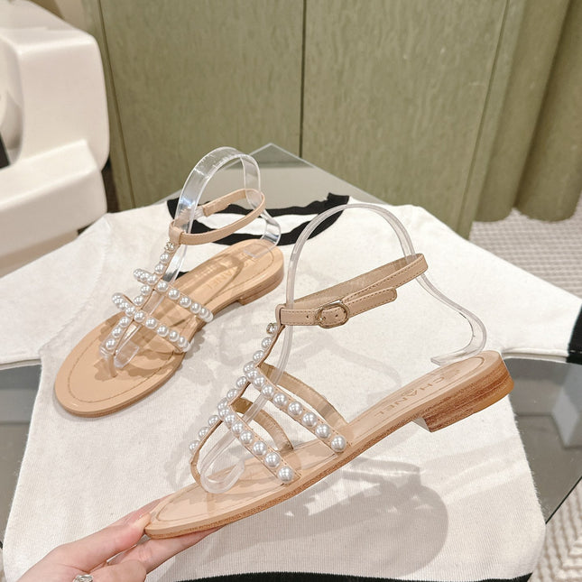 CC SANDALS PEARL ROMAN IN ALMOND BEIGE LAMBSKIN