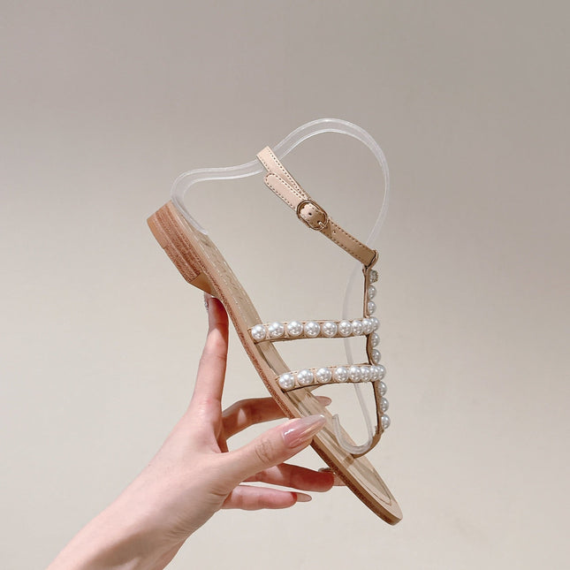 CC SANDALS PEARL ROMAN IN ALMOND BEIGE LAMBSKIN