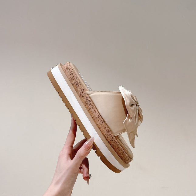 CC SLIPPERS WITH SILK BOW IN BEIGE ALMOND COWHIDE