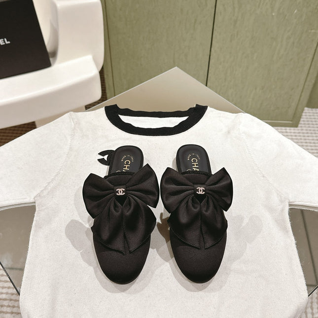 CC MULE WITH SILK BOW AND BLACK LAMBSKIN