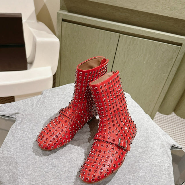 ALAIA SHORT BOOTS IN CHERRY RED LAMBSKIN ATTACH RHINSTONES