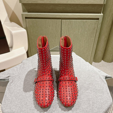 ALAIA SHORT BOOTS IN CHERRY RED LAMBSKIN ATTACH RHINSTONES
