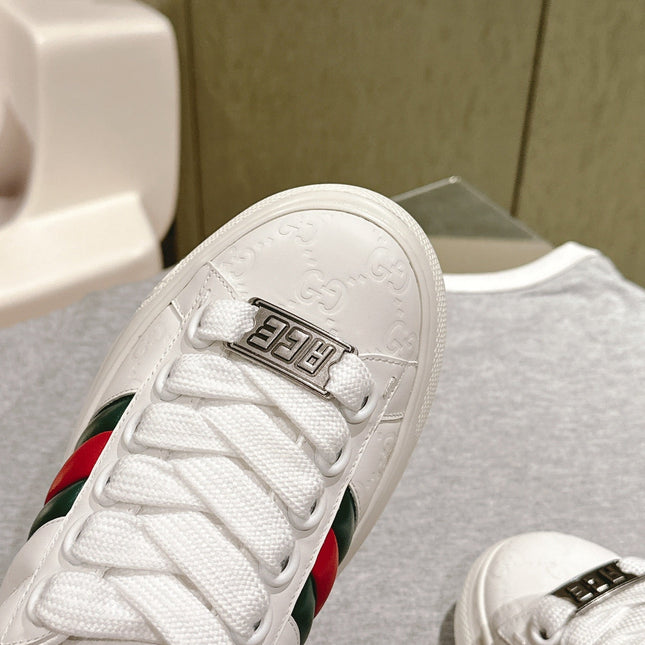 GG ACE SNEAKER WITH WEB IN WHITE EMBOSSED CALFSKIN