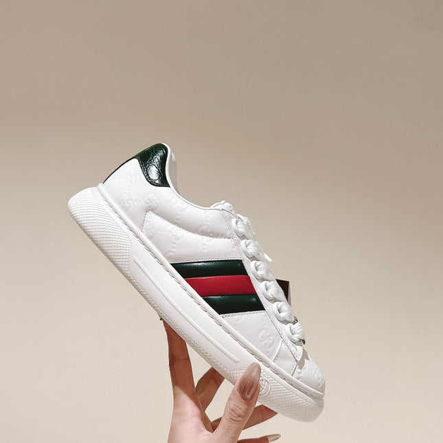 GG ACE SNEAKER WITH WEB IN WHITE EMBOSSED CALFSKIN