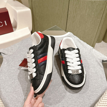GG ACE SNEAKER WITH WEB IN BLACK EMBOSSED CALFSKIN