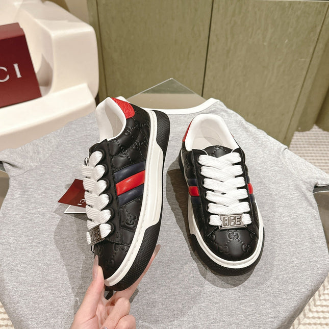 GG ACE SNEAKER WITH WEB IN BLACK EMBOSSED CALFSKIN